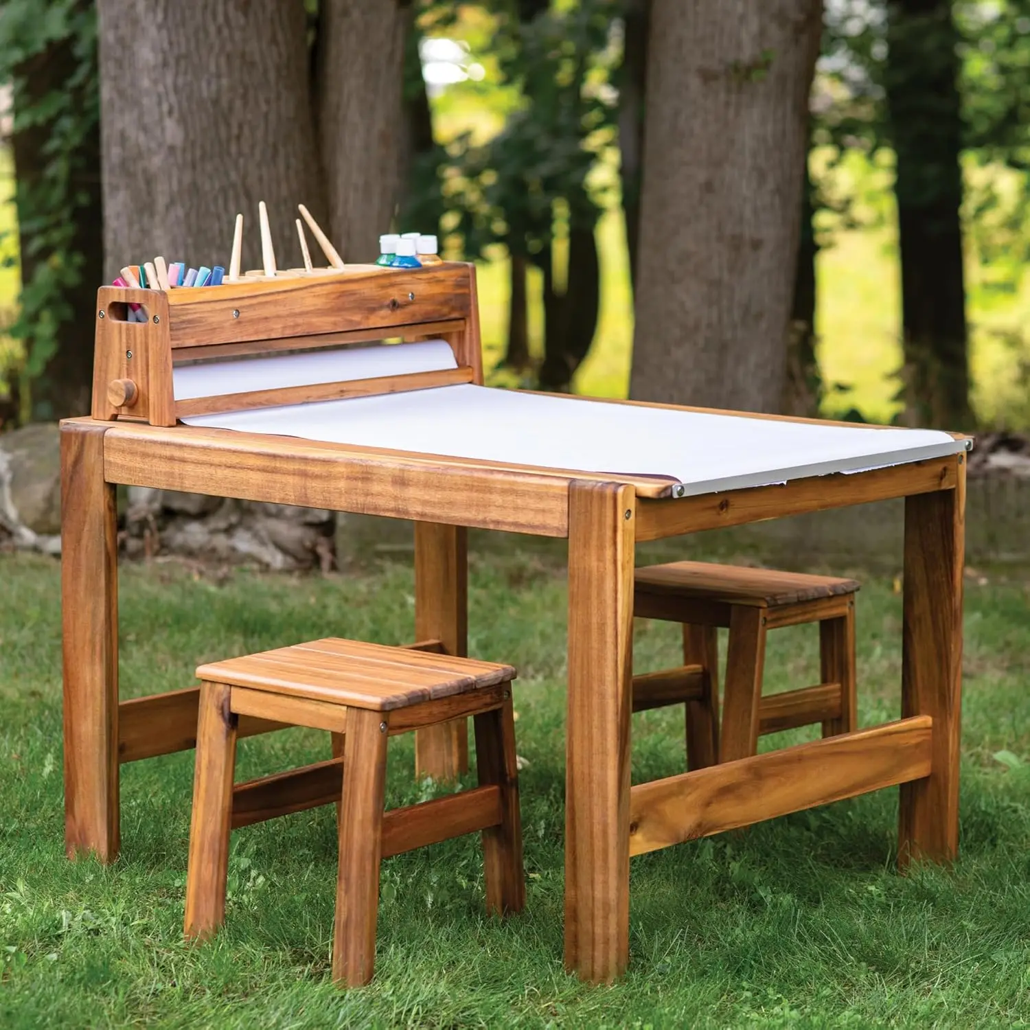 Kids Outdoor Wooden Table - Zestaw stolika i stołków do prac