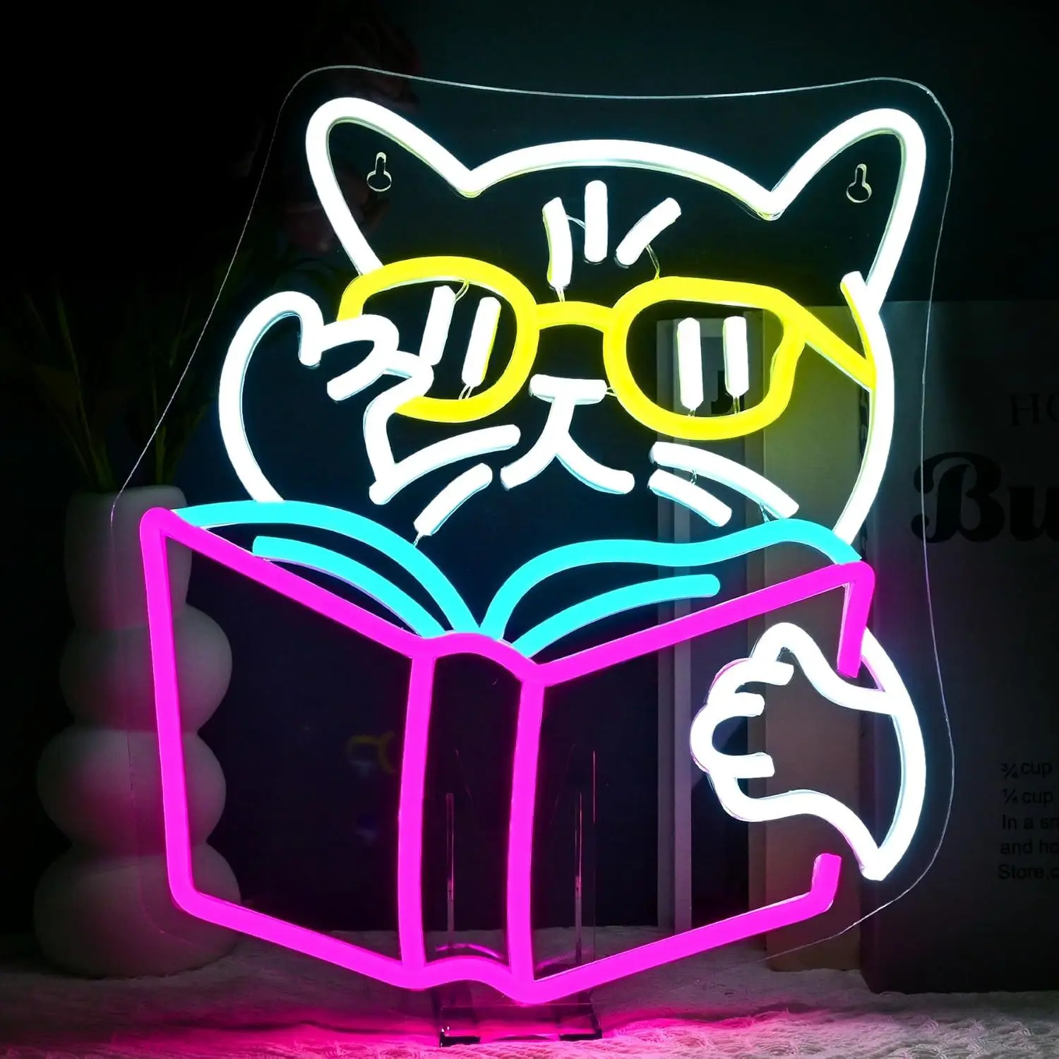 Kids Outdoor Ideas - Inteligentny Kot Czytający Książkę - Neonowy
